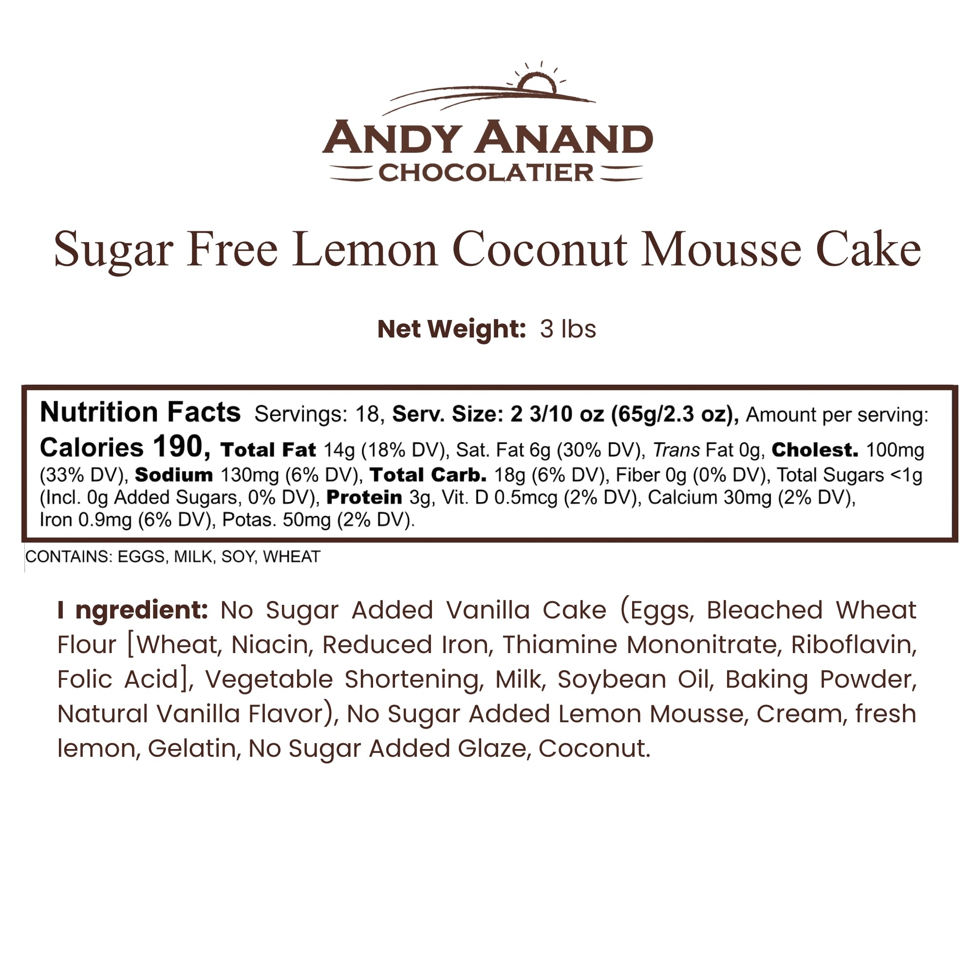 Andy Anand Sugar-Free Coconut Lemon Mousse Cake, 3 lb – Keto & Diabetic-Friendly, Freshly Baked, No Preservatives, Birthday Gift Box