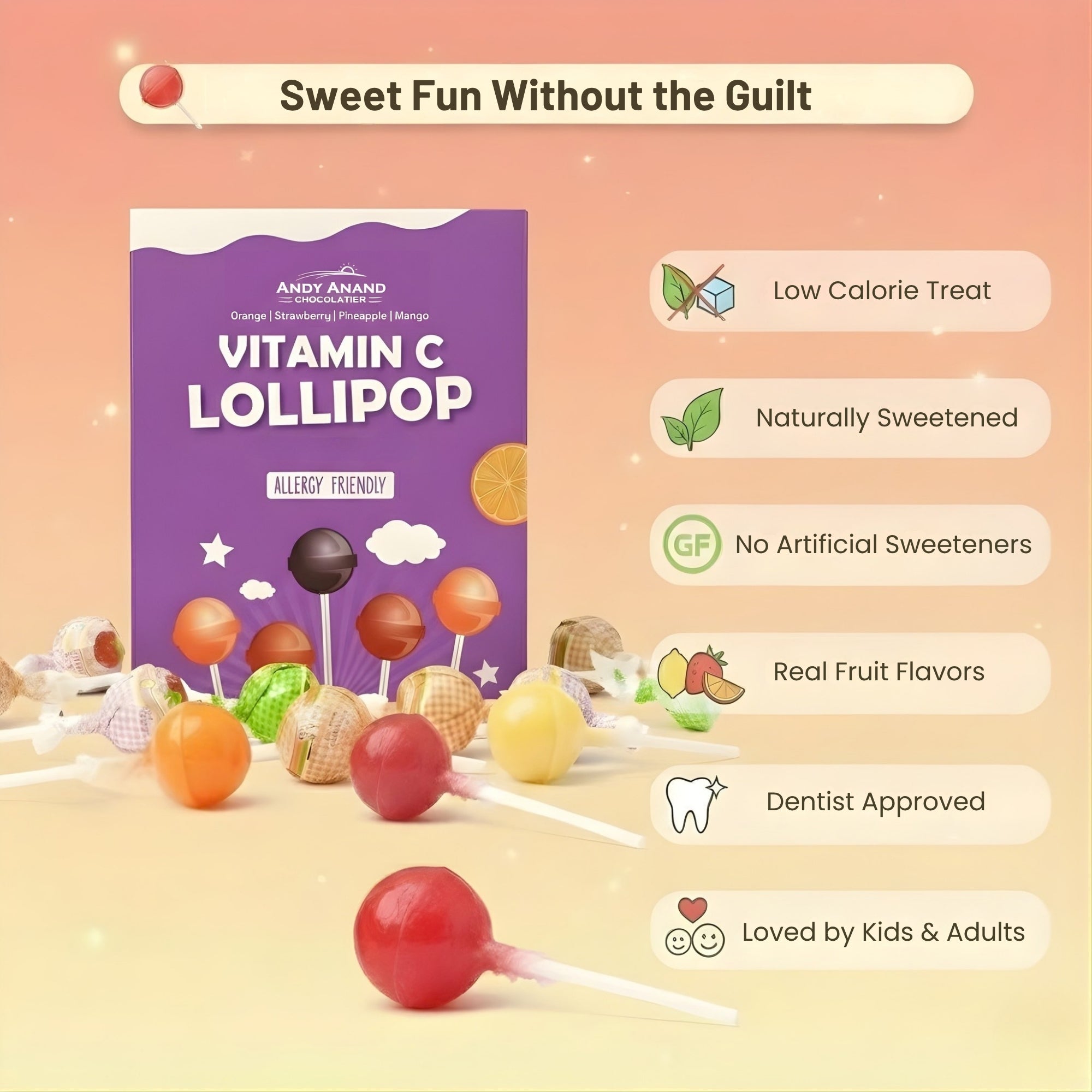 Andy Anand Sugar-Free Vitamin C Lollipops, 29 ct, 8.8 oz – Real Fruit Juice, Keto, Kids Immune Support, Birthday & Holiday Gift Box