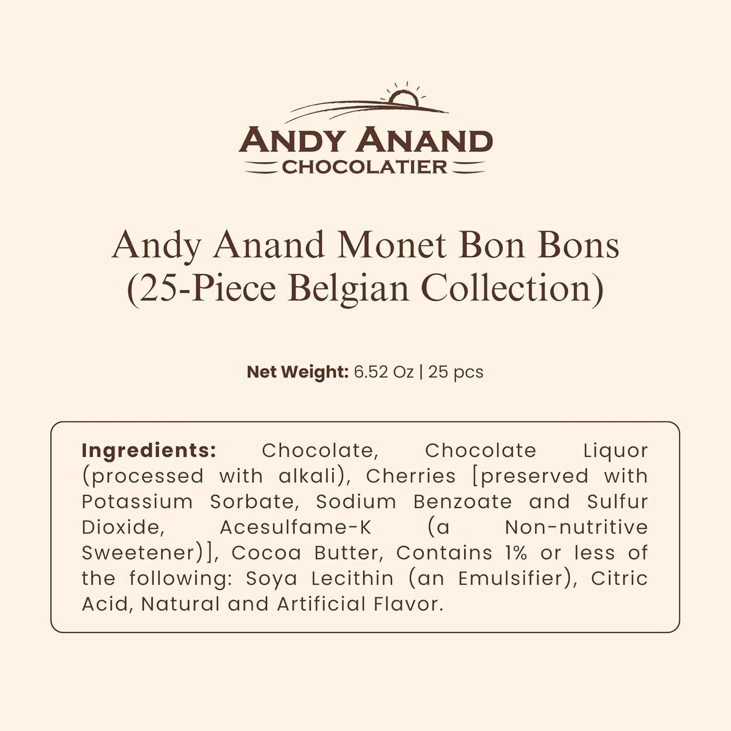 Andy Anand Monet Chocolate Bonbons Gift Box (25 pc, 6.52 oz) | Gluten-Free Truffles & Pralines | Local SoCal Chocolatier