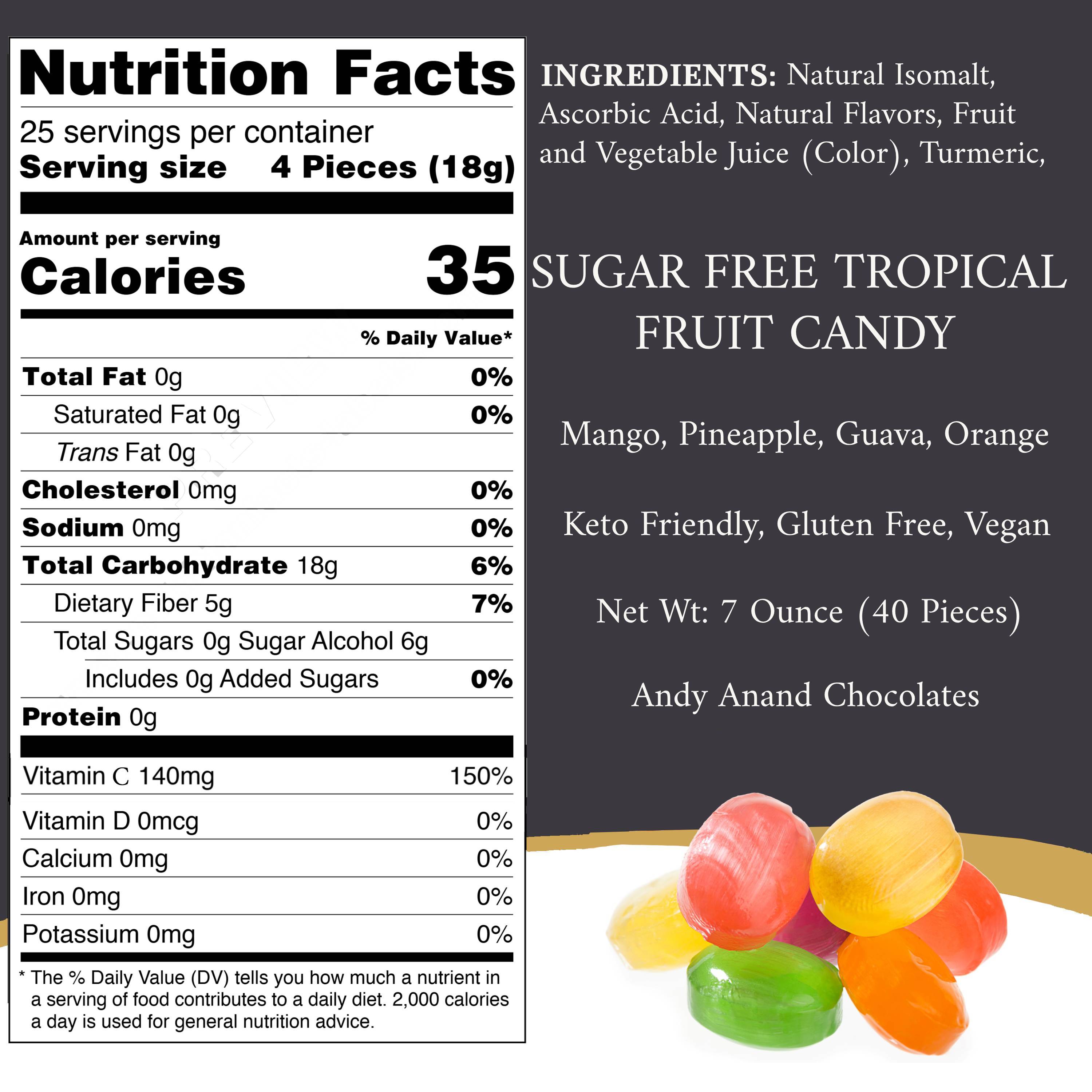 Andy Anand Sugar-Free Tropical Fruit Hard Candy with Vitamin C, 40 ct, 7 oz – Low-Calorie, Keto, Gluten-Free, Diabetic-Friendly Gift Box