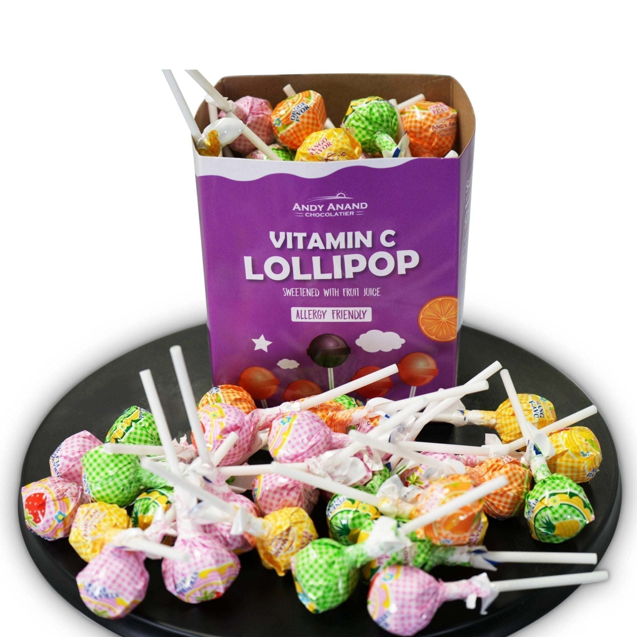 Andy Anand Sugar-Free Vitamin C Lollipops, 29 ct, 8.8 oz – Real Fruit Juice, Keto, Kids Immune Support, Birthday & Holiday Gift Box