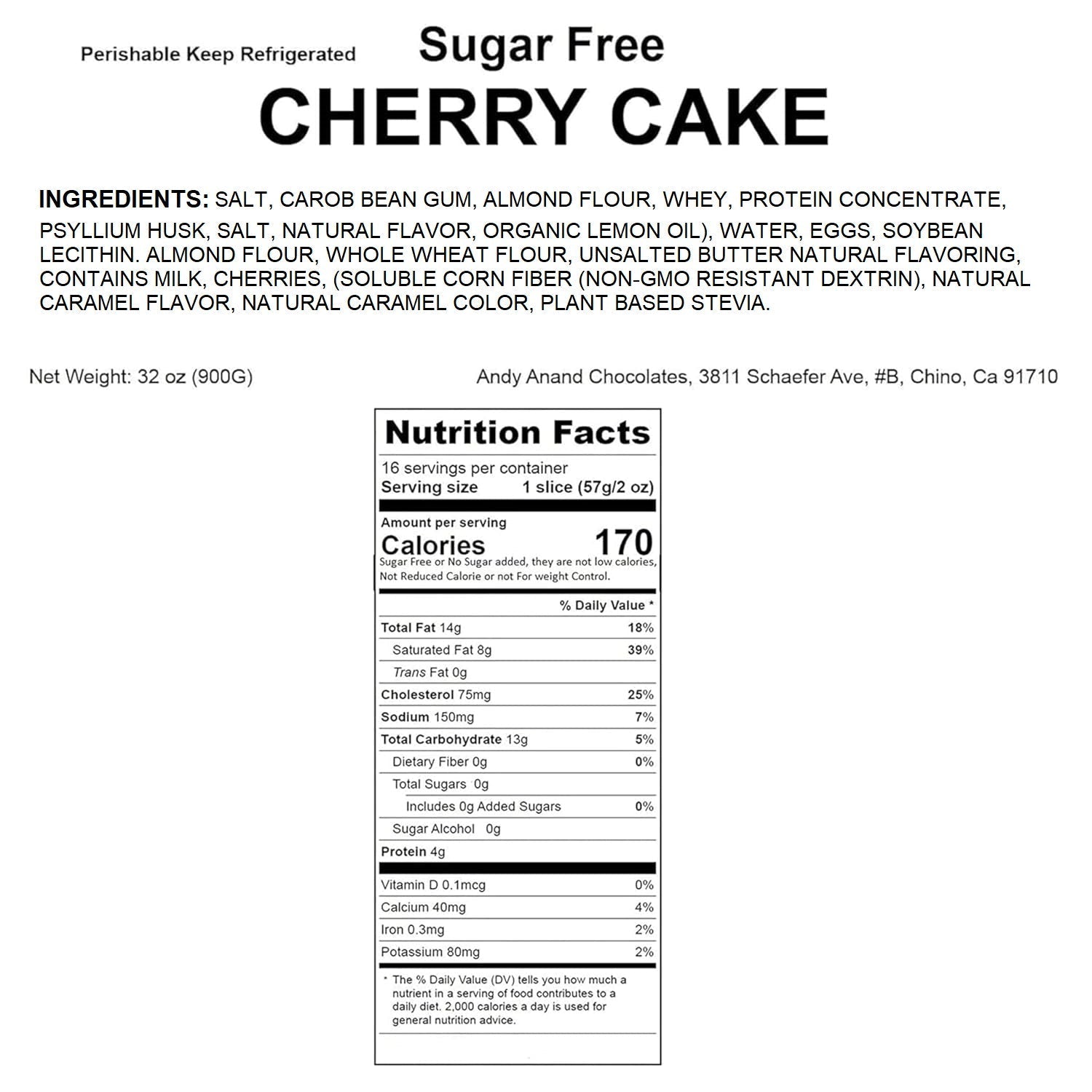 Andy Anand Sugar-Free Cherry Cake, 9-Inch, 2.9 lb – Gourmet, Freshly Baked, All-Natural, No Preservatives, Diabetic-Friendly Birthday Gift