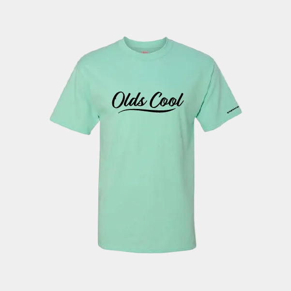 Mint green t-shirt with 'Olds Cool' text on a white background