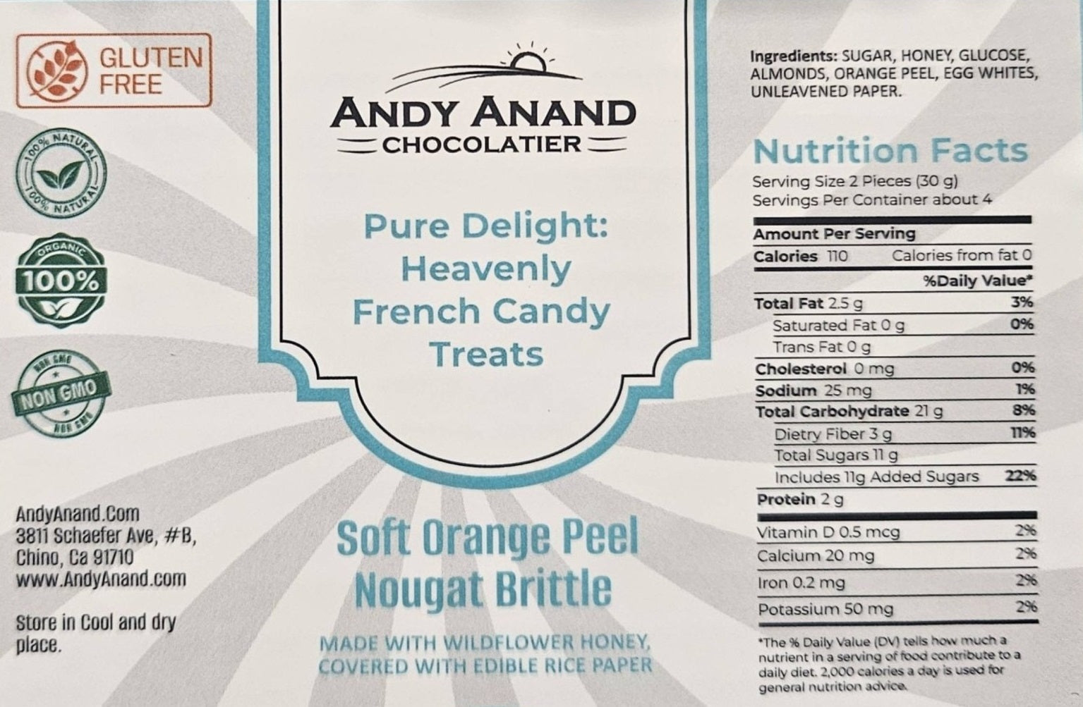 Andy Anand Italian Orange Peel Nougat (7 oz) | Gluten-Free Vegan Dairy-Free Soy-Free | Local SoCal Bakery
