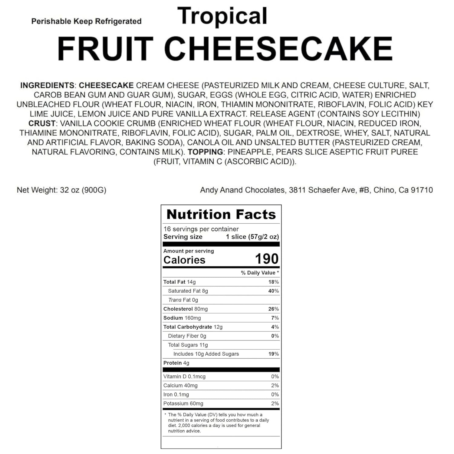 Andy Anand Tropical Fruit Cheesecake, 9-Inch, 2 lb – Pineapple, Pears & Peach Glaze, NY-Style, Real California Cream Cheese Gift Box