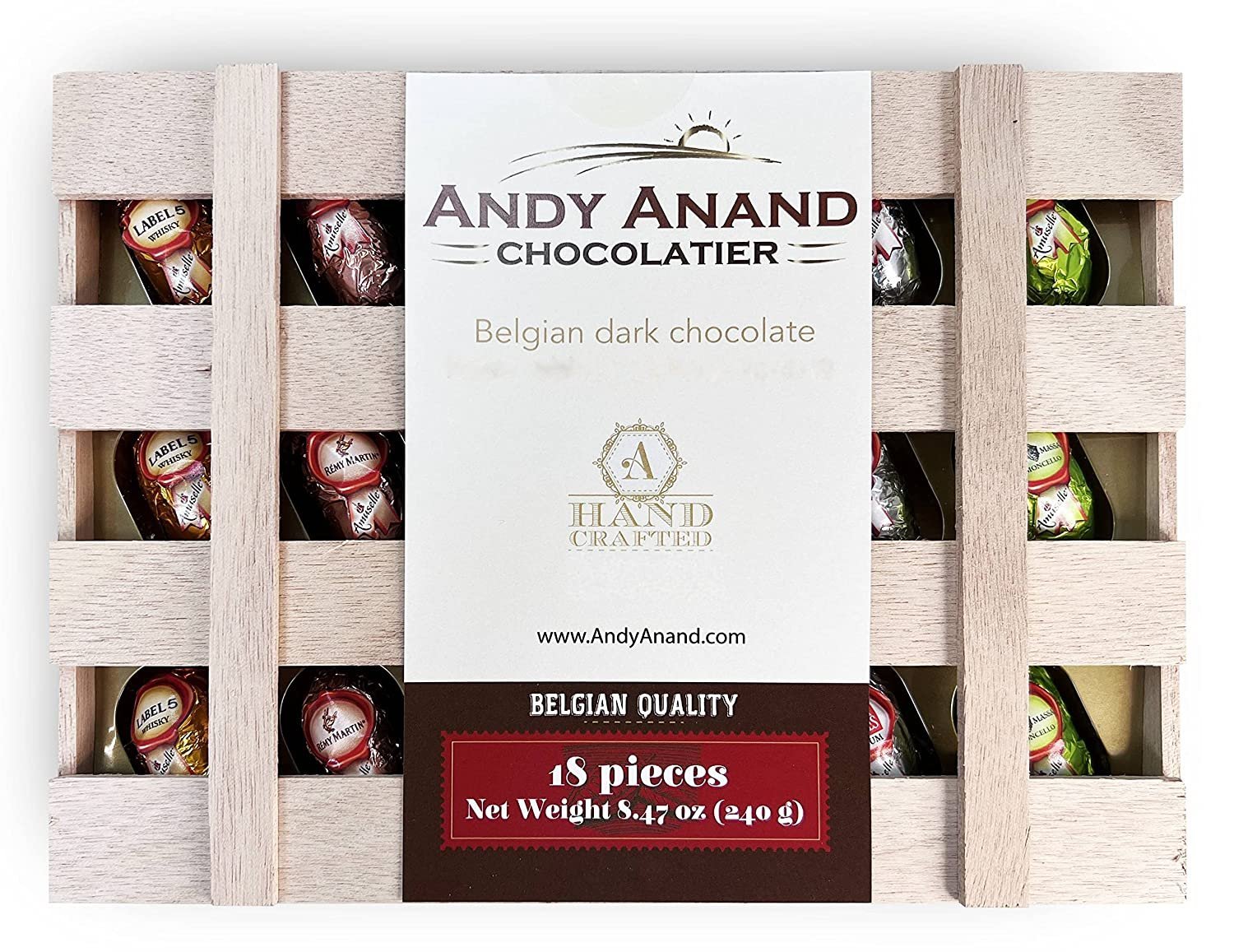 Andy Anand European Vegan Dark Chocolate Cocktail Bottles (18 pc) | Wooden Gift Box | Local SoCal Chocolatier